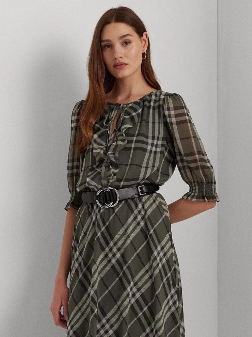 $105 Lauren Ralph Lauren - Plaid Georgette Dress Tie Neck, Ruffle Front Size 2